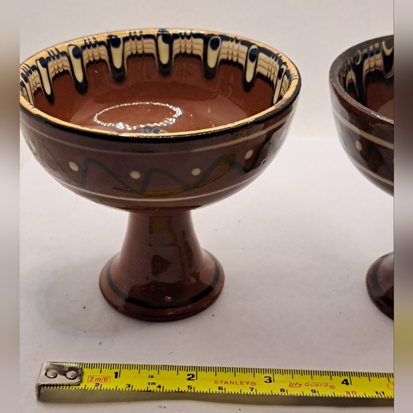 2 Redware Pottery Pedestal Bowl Compote Hand Painted Boho - Picture 2 of 7